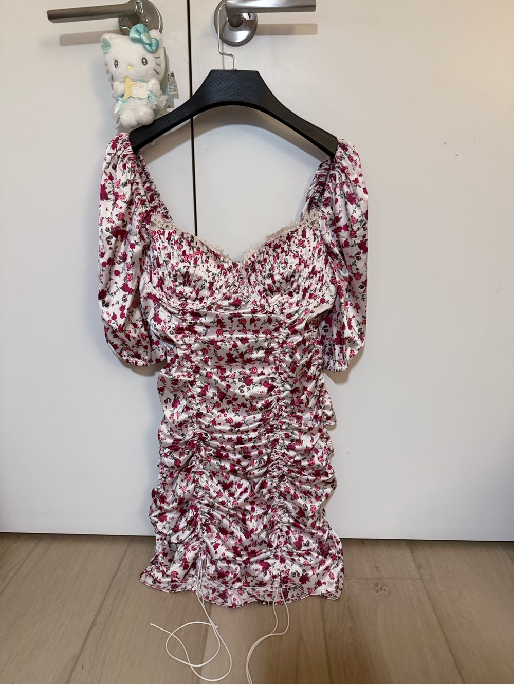 For Love&Lemon Floral Ruched Puff-Sleeve Mini Dress in White and Red Rose print